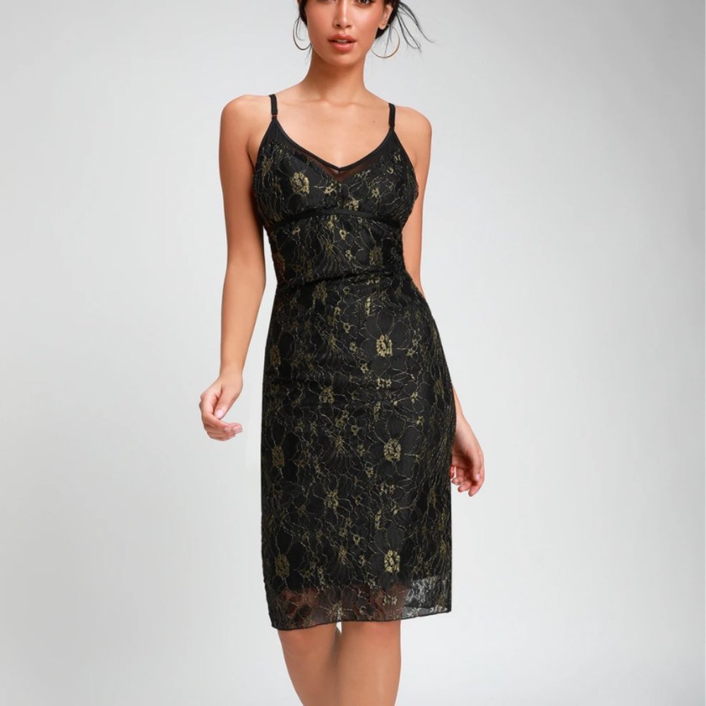 Shine In The Night Black and Gold Lace Midi Dress